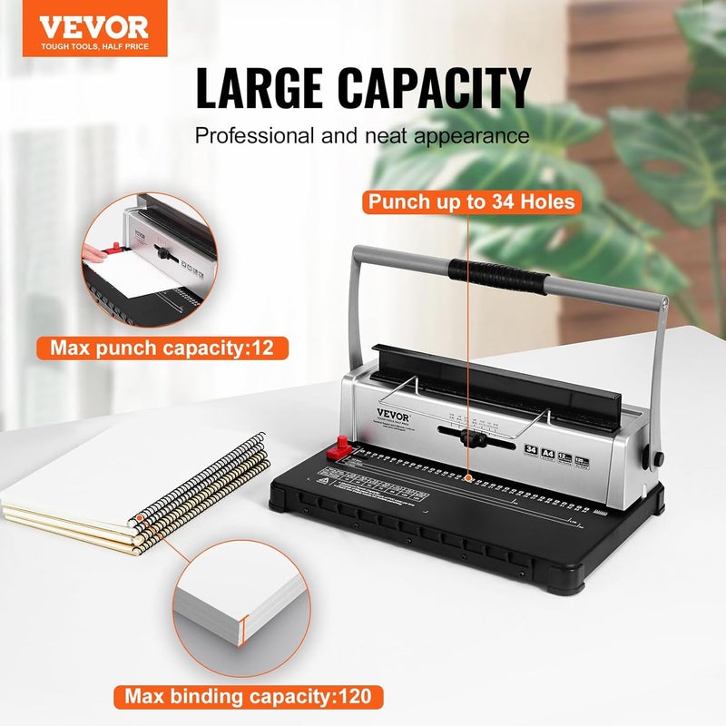 VEVOR Coil Binding Machine, Manual Book Maker 34-Holes Binding 120 Sheets, Punch Binder with Adjustable Side Margin, for Letter Size, A4, A5 - Image 2